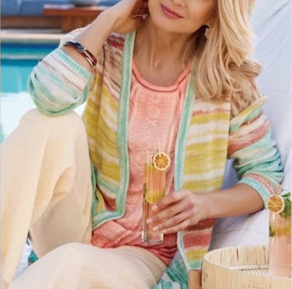 Soft Surroundings Aqua Multi Stripe Juniper Cardigan Sweater Size Large Pastel